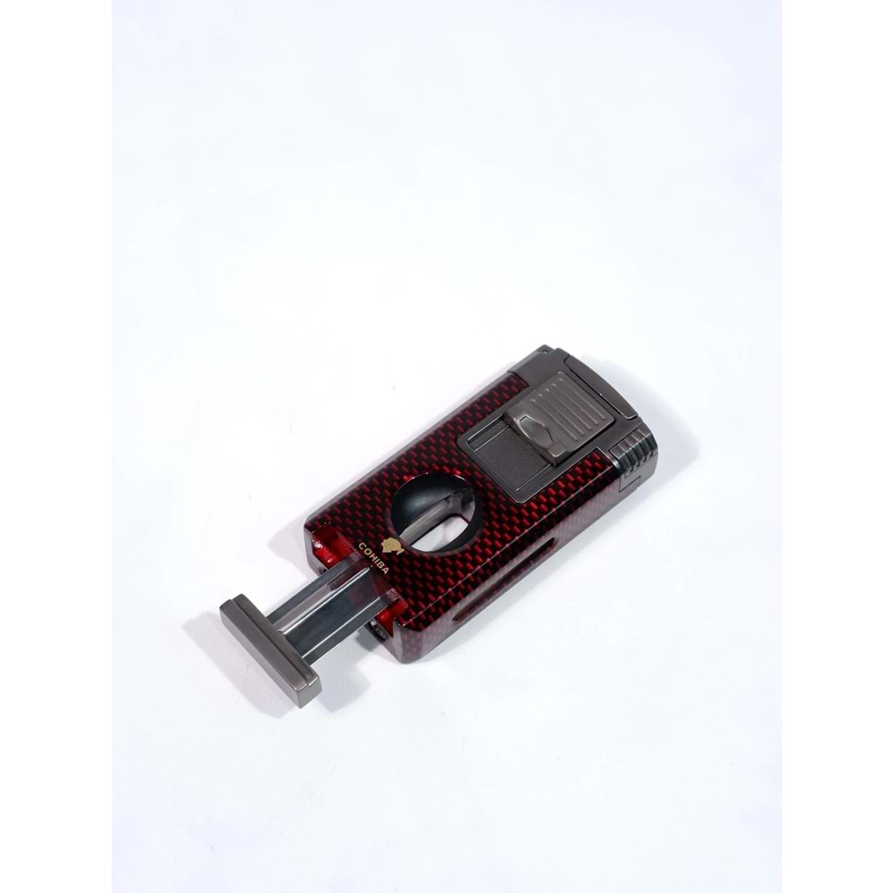 COHIBA ÇAKMAK V- CUTTER VE TOURCLU SİYAH-GREY-KIRMIZI ÇİFT PÜRMÜZLÜ ÇAKMAK CCM0761