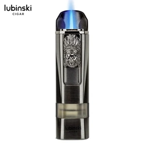LUBİNSKİ LİON SEHPALI DELİCİLİ TEK TORCH PURO ÇAKMAĞI GUN METAL